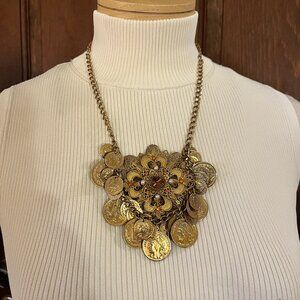 Vintage Filigree Pendant with Floral Center and French Coins Necklace